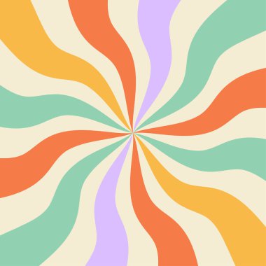 1970 'lerin soyut, modaya uygun, uçuk şablon. Dalgalı 70 'ler tarzı. Hippi estetik sıvı kare şeklini bozmuş. Merkezden kopan psikedelik kıvrımlı ışınlar. Optik yanılsama. Vektör illüstrasyonu.