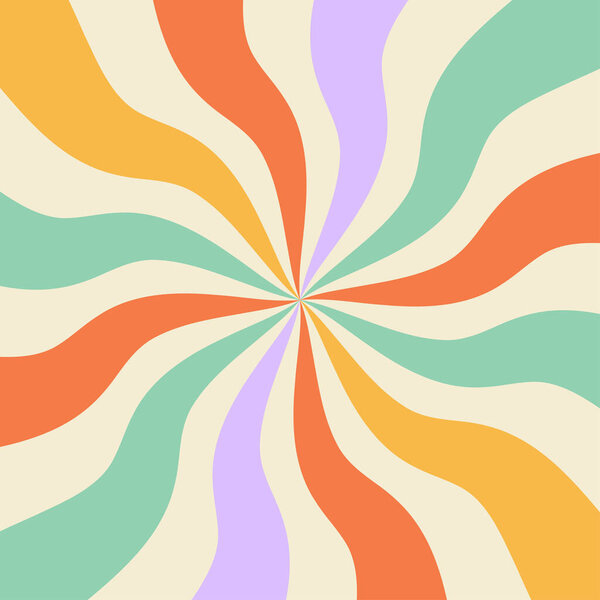 1970 абстрактный триппи-шаблон. Волнистый вихрь семидесятых. Хиппи эстетическая жидкость квадратный искаженный фон. Психоделические кривые лучи расходятся от центра. Оптическая иллюзия. Векторная иллюстрация.