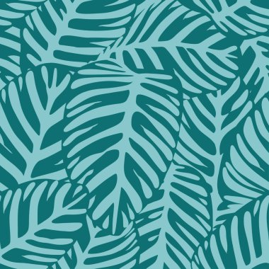 Soyut, pürüzsüz koyu deniz mavisi arkaplanı. Calathea Orbifolia iz bırakır. Organik şekiller tropikal bitki botanik tasarımı kapak şablonu poster tekstili için. Vektör illüstrasyonu.