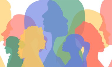 Kadın silueti afişi. Çeşitli kadın profili. Çoklu etnik çeşitlilik kavramı, kadın hakları, eşit fırsatlar, yalnızlık, feminizm. Soyut vektör illüstrasyonu.