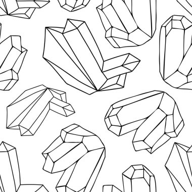 İyileştirici kristaller kusursuz desen oluşturuyor. Siyah taslak mücevherler ve mineral siluetleri. Sihirli taşları birleştirin elmas vektör illüstrasyonu.