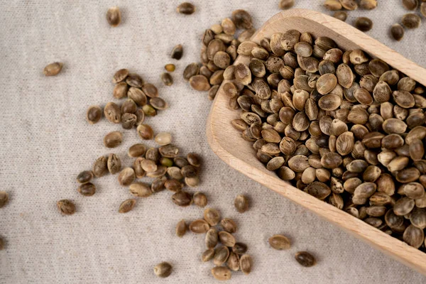 Wooden scoop with hemp seeds on table, textile hemp material with wooden spoon with hemp seed, close up