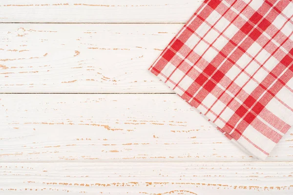 白色木板上的红色格子桌布 背景用 带有复制空间 桌布概念菜单或食谱 — 图库照片