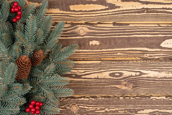 Boże Narodzenie Tło Gałązek Jodły Drewnianym Tle Płaski Leżak Widok — Zdjęcie stockowe