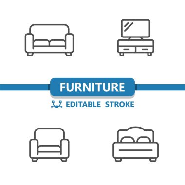 Mobilya Simgeleri. Yatak, Kanepe, Kanepe, TV standı, Koltuk Simgesi
