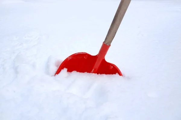 Shovel Snow Removal Stands Snowdrift — Stock Photo, Image