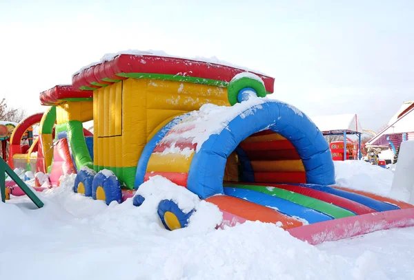Inflatable Trampoline Winter Amusement Park — Stock Photo, Image