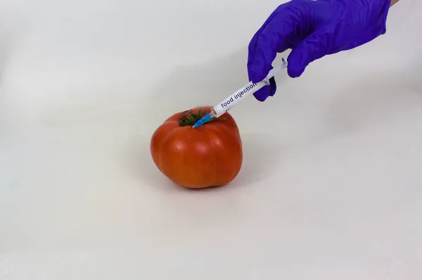 Tomato Injected Syringe Hand Close View Isolated White — Stock Photo, Image