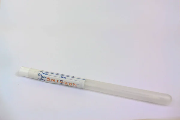 Covid Omicron Nasopharyngeal Probe Container Close View White Background — 스톡 사진