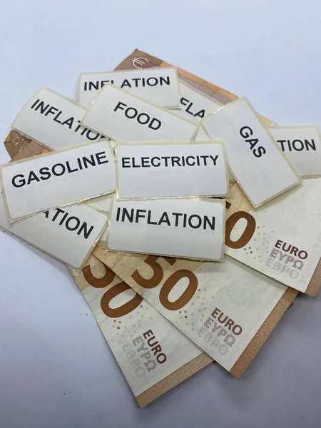 Close Inflation Electricity Gasoline Food Gas Paper Tags Euro Notes — Stok fotoğraf