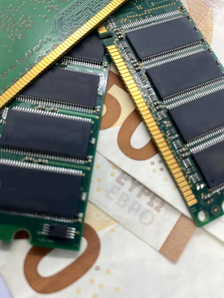 Close-up of RAM memory on euro banknotes with selective focus on foreground