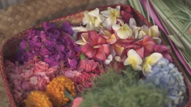 Создание Традиционных Балийских Индуистских Цветочных Подношений Канаг Сари — стоковое видео