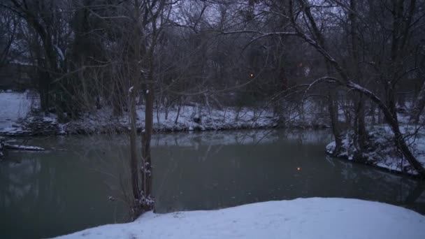 Река Водопад Парке Рикардсон Даллас Техас Время Зимнего Снегопада — стоковое видео