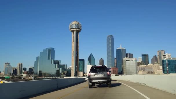 Dallas Texas Usa Driving Car Dallas Downtown Cityscape Skyline Bridge — Stock Video