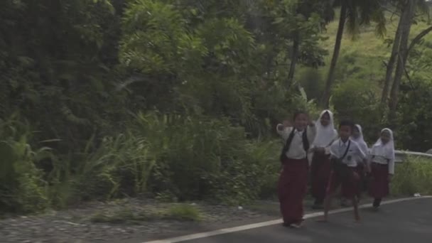 インドネシア西ジャワ州ガルート インドネシアの小学生赤白制服道路脇を歩く — ストック動画