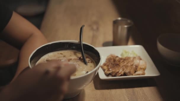 Close Japanese Ramen Noodles Soup Bowl Chopsticks Topping Chicken Egg — Stock Video