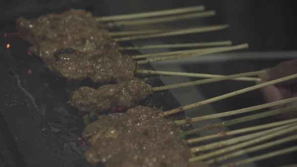 Close Charcoal Grilling Indonesian Chicken Pork Beef Satay Sate Peanut — Stockvideo