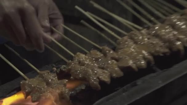 Close Charcoal Grilling Indonesian Chicken Pork Beef Satay Sate Peanut — Vídeos de Stock