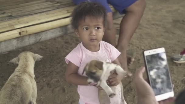 Young Indonesian Kid Holding Cute Small Dog Puppy — Stock Video
