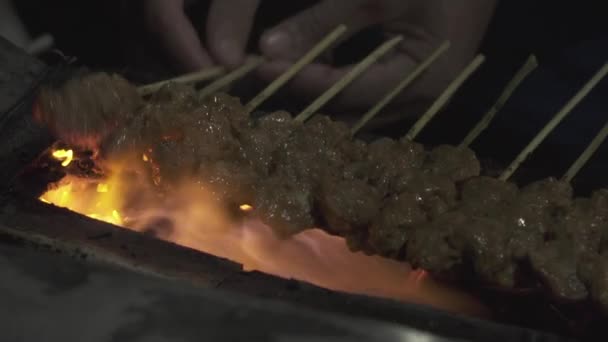 Close Charcoal Grilling Indonesian Chicken Pork Beef Satay Sate Peanut — Stockvideo