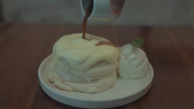 Fluffy Pancake Cheese Cream with Brown Sugar Boba and Vanilla Ice Cream Slow Motion