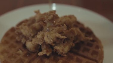 Crispy Waffle Pancake Topped American Style Fried Chicken and Sugar Syrup