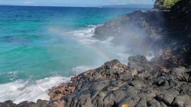 Rainbow Form Waves Crashing Rocks Ocean Sea — Video