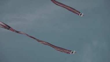 Balinese Traditional Kites JANGGAN (Red White Black Long Tail Bird Dragon) on Bali Kite Festival Summer Blue Sky Slow Motion