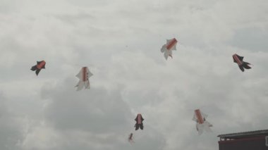 Balinese Traditional Kites BEBEAN (Fish Shaped) on Bali Kite Festival Summer Blue Sky Slow Motion