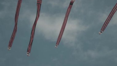 Balinese Traditional Kites JANGGAN (Red White Black Long Tail Bird Dragon) on Bali Kite Festival Summer Blue Sky Slow Motion