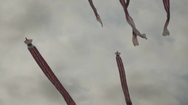 Balinese Traditional Kites JANGGAN (Red White Black Long Tail Bird Dragon) on Bali Kite Festival Summer Blue Sky Slow Motion