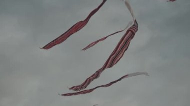 Balinese Traditional Kites JANGGAN (Red White Black Long Tail Bird Dragon) on Bali Kite Festival Summer Blue Sky Slow Motion