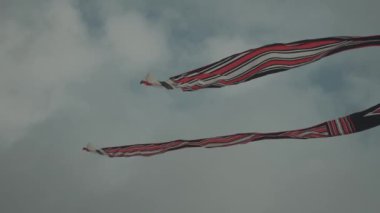 Balinese Traditional Kites JANGGAN (Red White Black Long Tail Bird Dragon) on Bali Kite Festival Summer Blue Sky Slow Motion