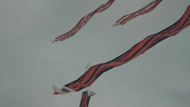 Balinese Traditional Kites JANGGAN (Red White Black Long Tail Bird Dragon) on Bali Kite Festival Summer Blue Sky Slow Motion