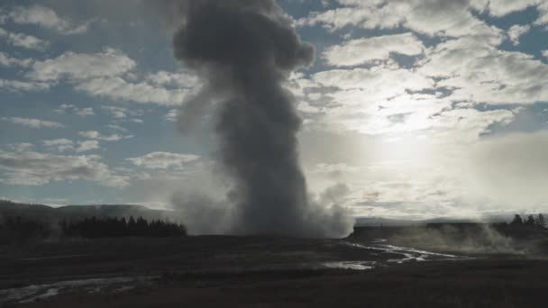 Old Faithful Erupting Sunrise Morning Upper Geyser Basin Supervulcano Yellowstone — Vídeo de Stock