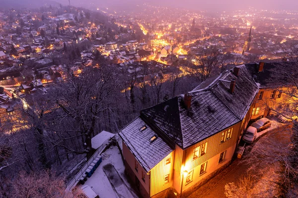 Зимовий Час Вернігероді Снігопад Над Історичним Містом Вночі — стокове фото