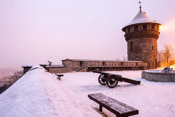 Снег Исторической Пушке Террасе Замка — стоковое фото