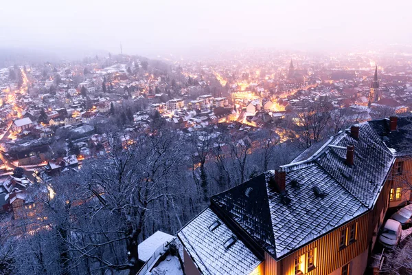 Зимнее Время Вернигероде Снегопад Над Историческим Городом Ночью — стоковое фото