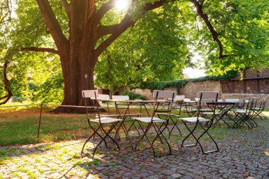 Parkta sandalyeleri ve masaları olan boş bir kafeterya. 