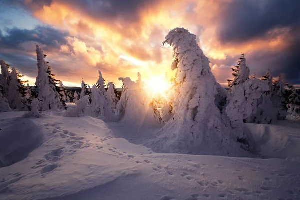 Vintersolnedgång Över Fjällen Täckt Med Snö Kvällssolen — Stockfoto