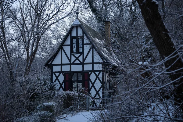 Holzhaus Mit Schneebedeckten Bäumen Winter — Stockfoto