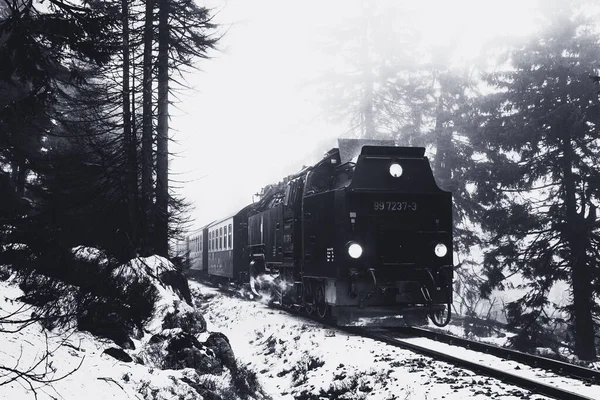 Trem Vapor Histórico Místico Atravessa Paisagem Nebulosa Inverno Nas Montanhas — Fotografia de Stock
