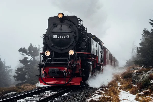 Locomotiva Vapor Histórica Nas Montanhas Harz Nevoeiro Caminho Para Montanha — Fotografia de Stock