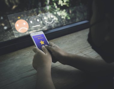 Müşteri deneyimi konsepti simge puanlama simgesi müşteri temsilcisi, olumsuz geribildirim konsepti, Mobil Teknoloji memnuniyet araştırması