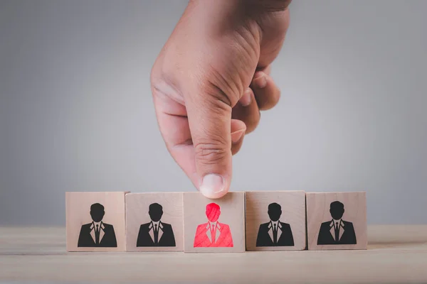 Human resources talent management and recruitment business building team, organization concept, Person icons on wooden cube block on top with leadership in business concept