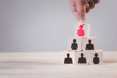 Human resources talent management and recruitment business building team, organization concept, Person icons on wooden cube block on top with woman leadership in business concept