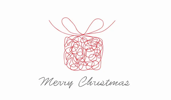 Gift Christmas Vector Scrawl Box Bow Linear Handwrited Style Card — Stock Vector