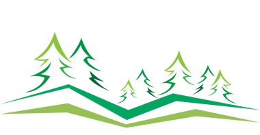 Mountain landscape with trees and meadows. Simple background with copy space. clipart