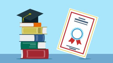 Kitaplar, mezuniyet şapkası ve diploma. Vektör illüstrasyonu