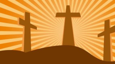 Üç Hristiyan haçı. Calvary tepesinde siluet, arka planda güneş ışınları, İsa Mesih 'in çarmıha gerilmesi. Canlandırılmış resimleme